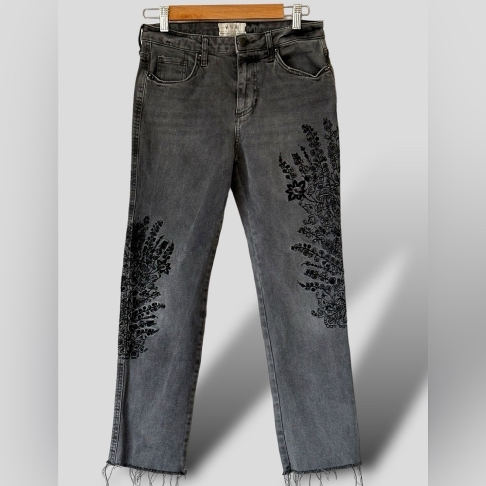 Free People We The Free Floral Embroidered Gray Straight Leg Jeans Size